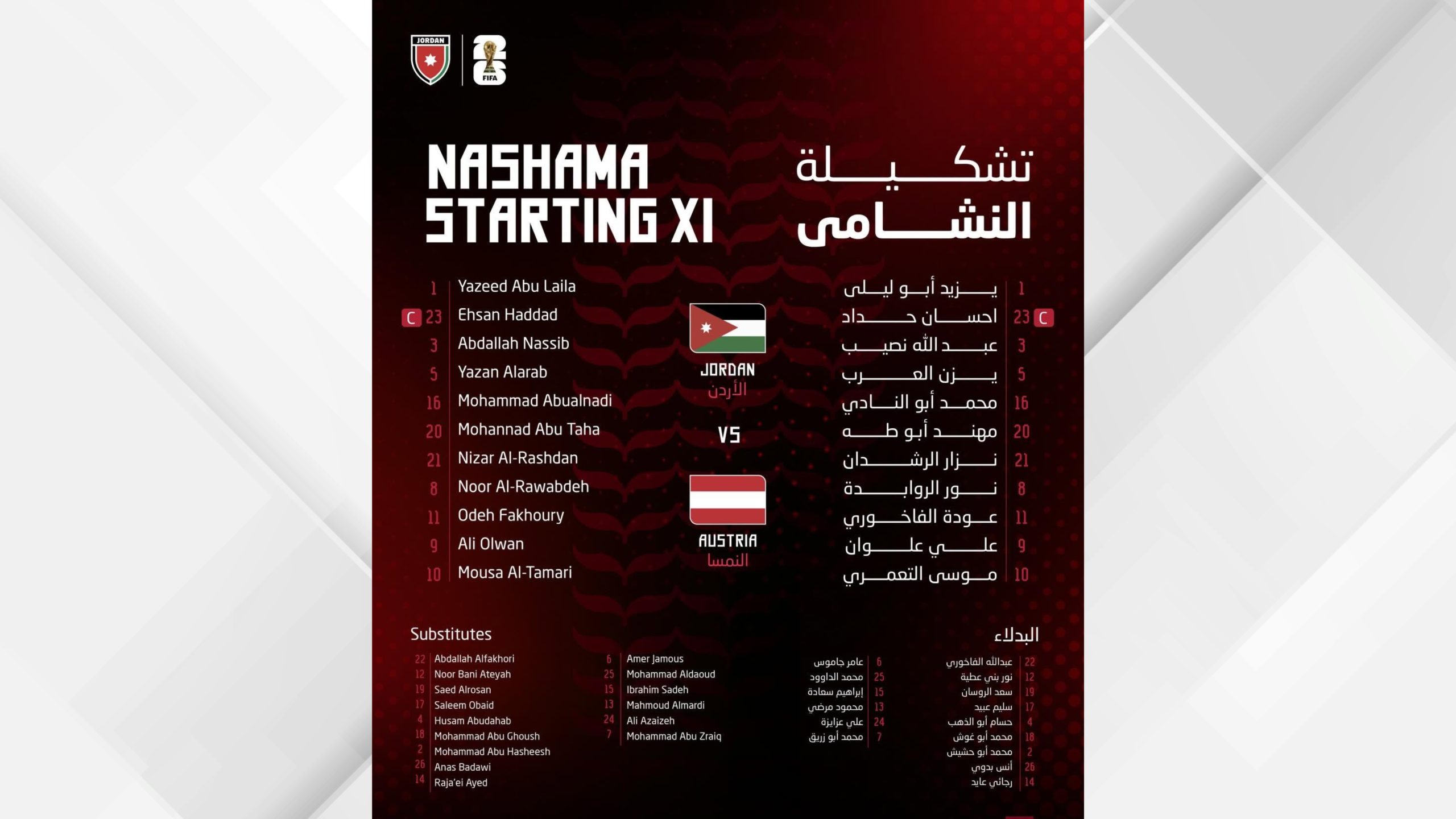 الاتحاد الأردني لكرة القدم يعلن تشكيلة "النشامى" لمواجهة النمسا
